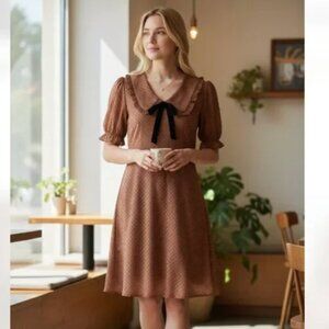 NWOT Blu Pepper POLKA DOT COLLARED VELVET TIE MINI BABYDOLL DRESS RUST BROWN